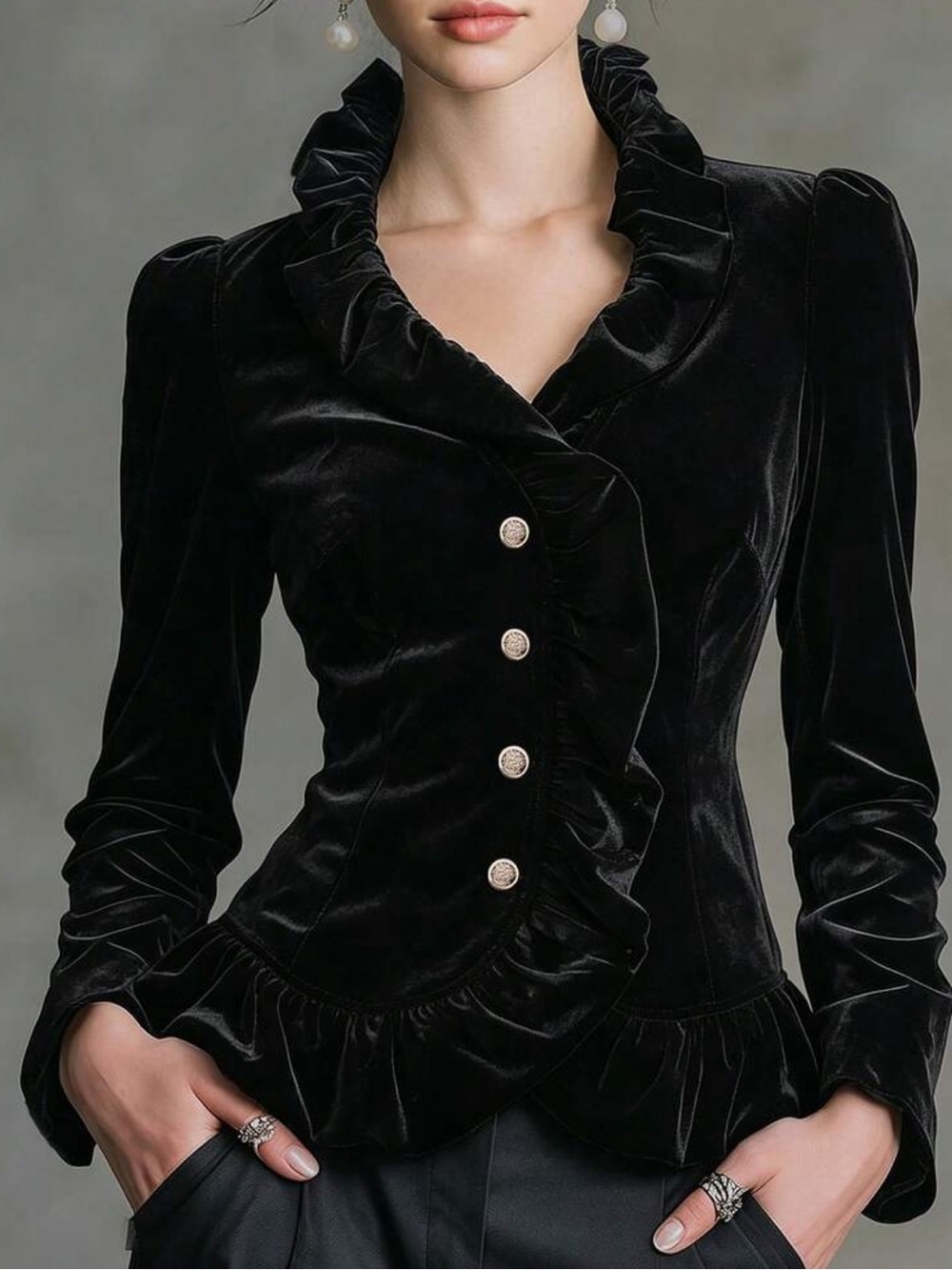 Women's Autumn/Winter Black Velvet Ruffle Waist Elegant 70s Retro Jacket